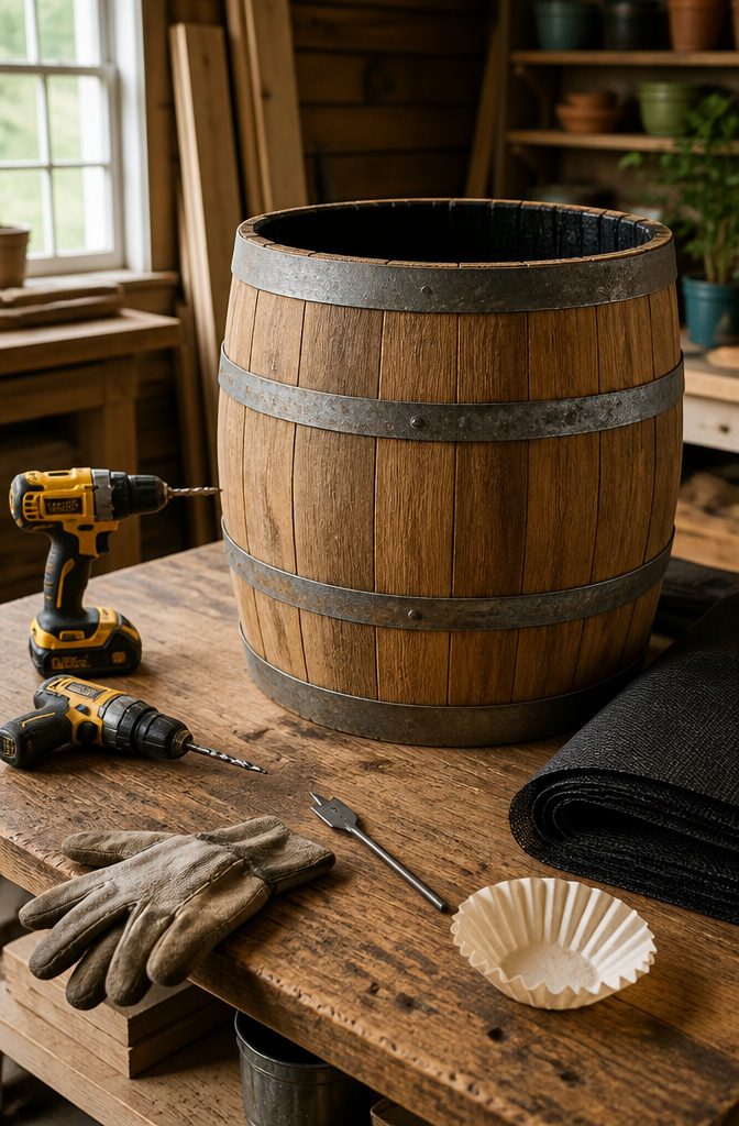 An oak barrel with a drill bit poised above it on a workbench.