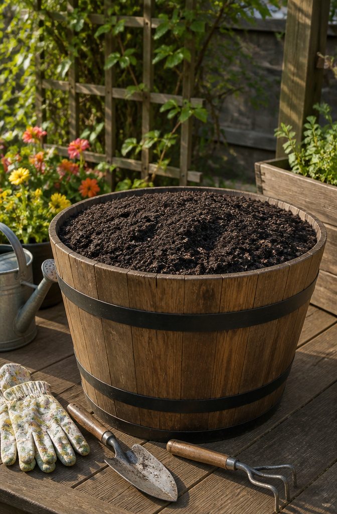 A barrel planter filled with dark potting mix and garden tools nearby.
