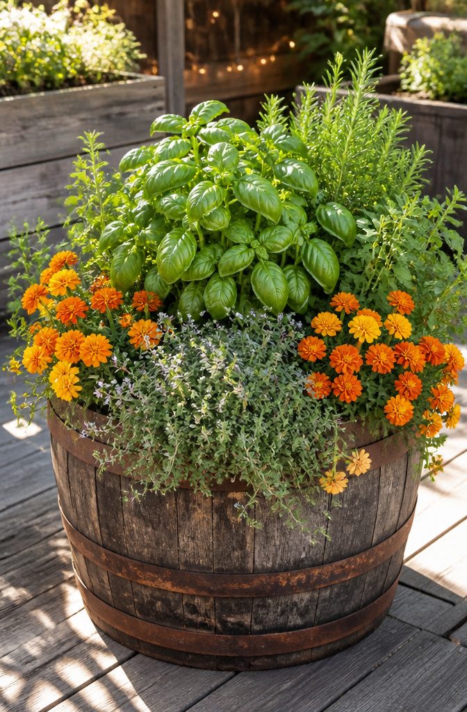 A barrel planter with herbs, a tomato plant, and a trellis.