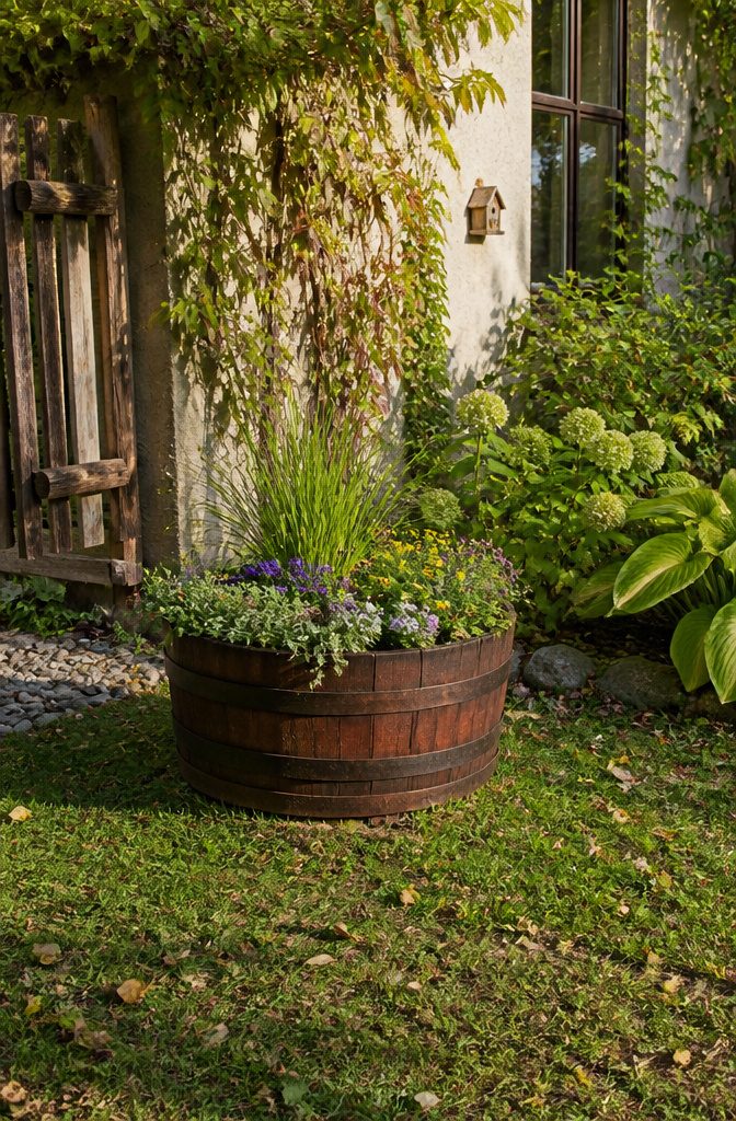 A reclaimed oak barrel planter showcasing its weathered wood and design.