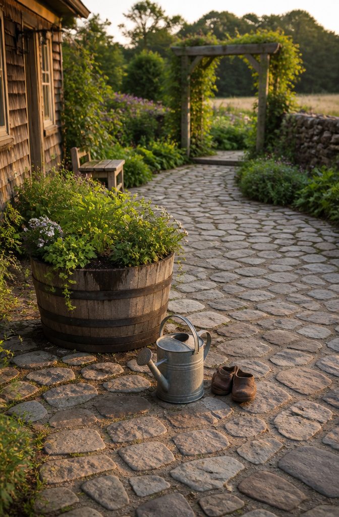 A person watering a raised barrel planter filled with soil.