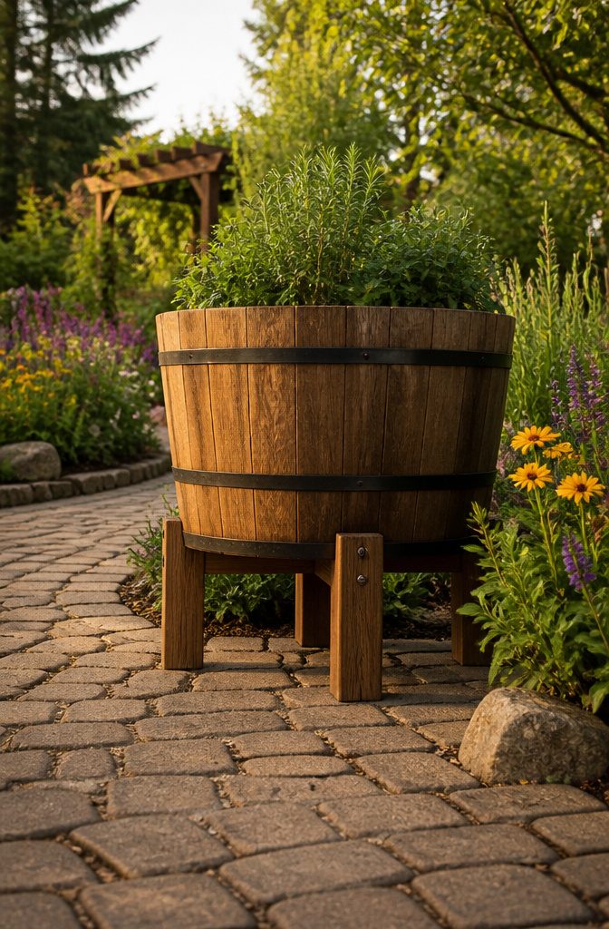 A raised barrel planter on legs, showing its height and design.