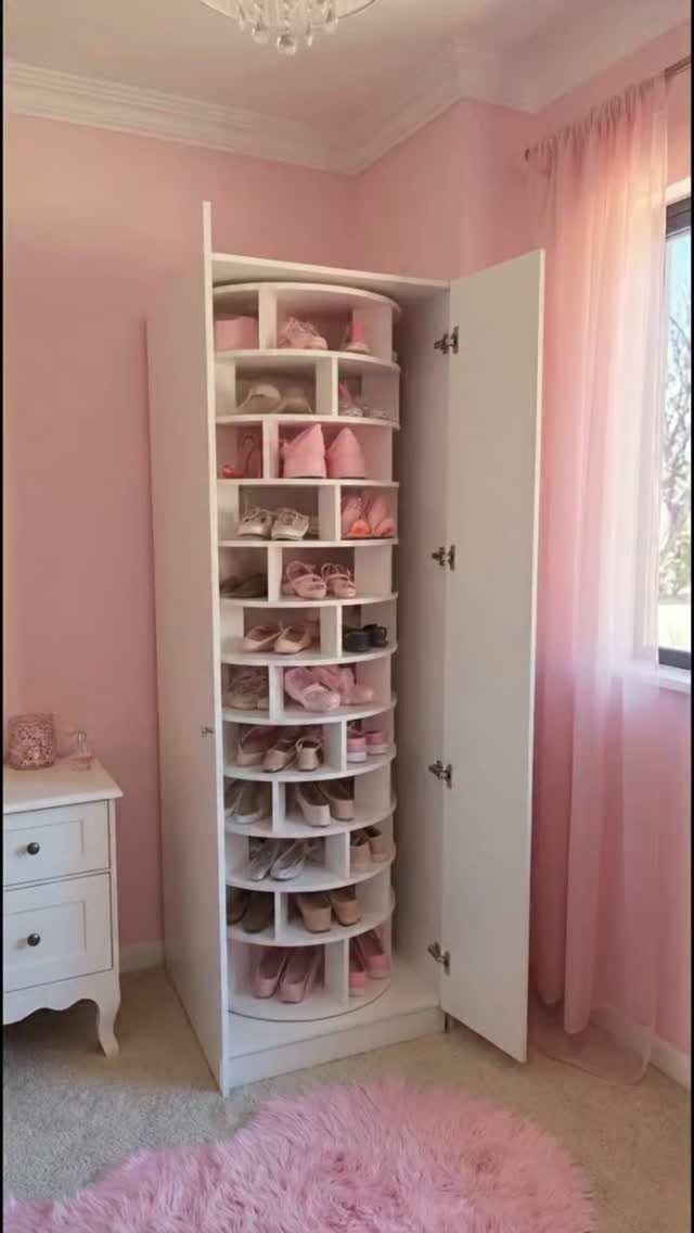 White rotating shoe cabinet filled with many pairs of pink high-heeled shoes in a pink room.