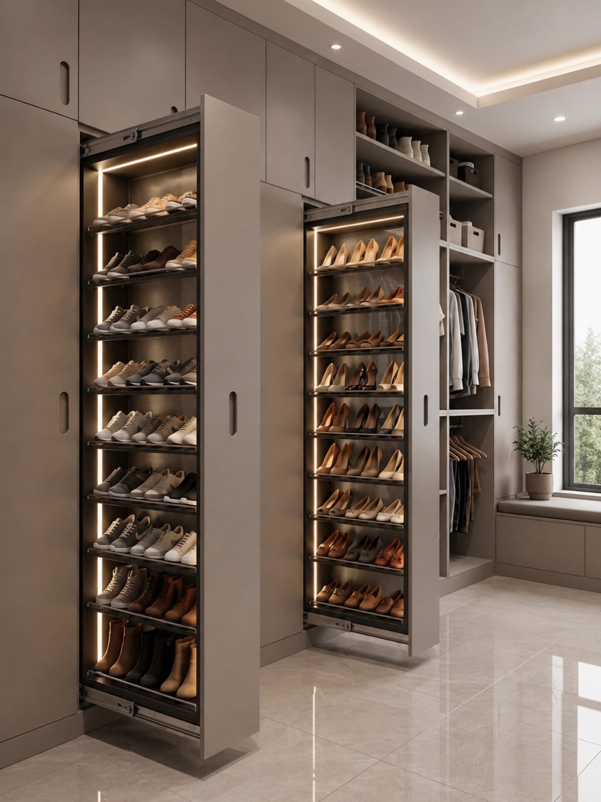 Tall built-in closet cabinets with illuminated shelves displaying many pairs of shoes.