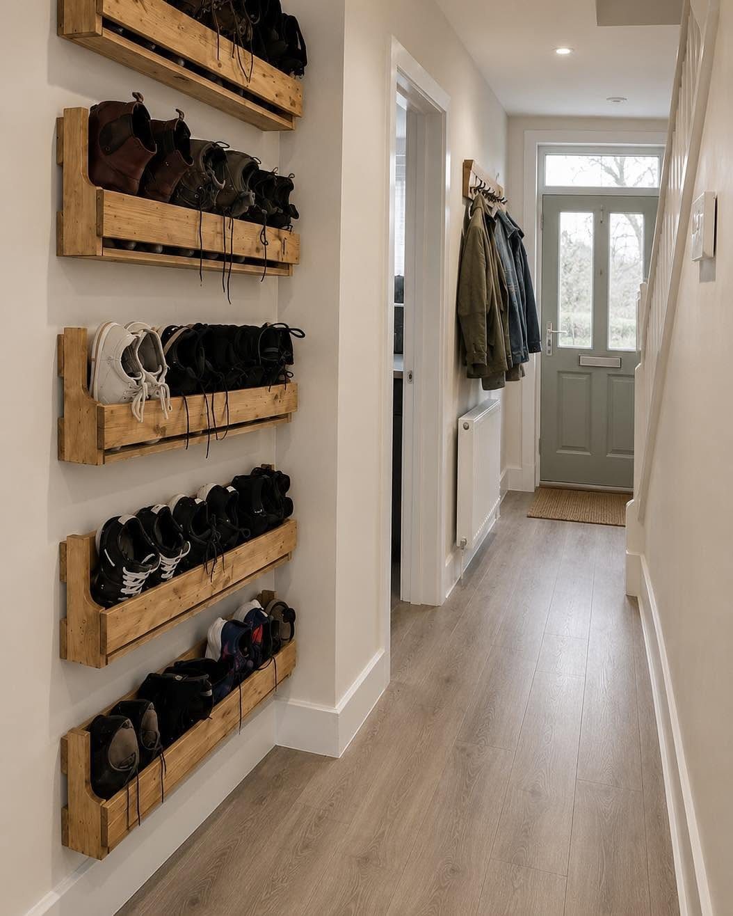 Wooden wall-mounted shelves stacked vertically holding various pairs of shoes in a hallway.