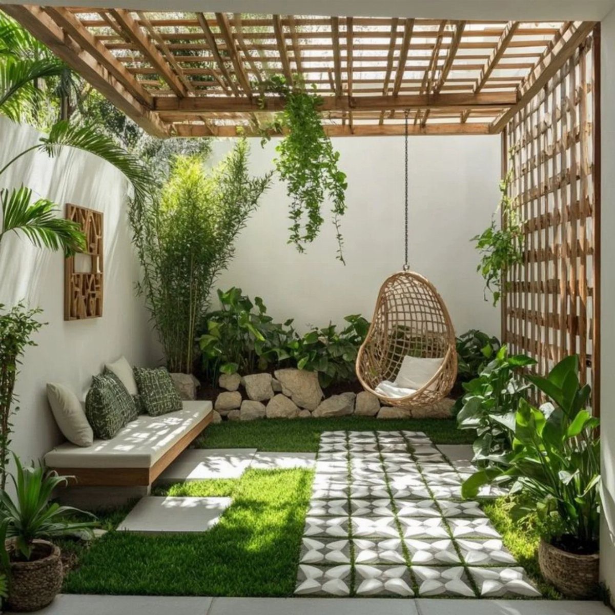18 Small Backyard Garden Ideas for Compact Outdoor Style 18 A cozy courtyard garden with a hanging wicker chair, wooden pergola, and lush greenery.