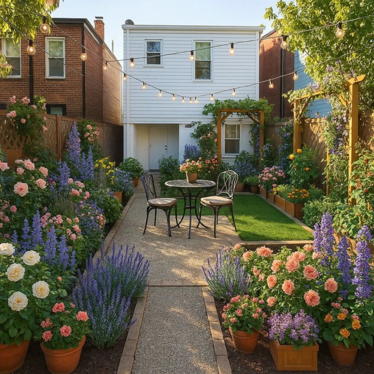 18 Small Backyard Garden Ideas for Compact Outdoor Style 6 Lush backyard garden with gravel paths, blooming flowers of varying heights, and a small bistro set.
