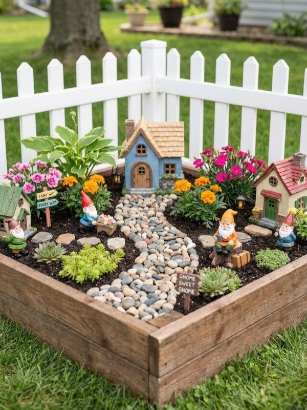 18 Small Backyard Garden Ideas for Compact Outdoor Style 14 Miniature garden with tiny houses, gnomes, and pebbles inside a wooden planter box.