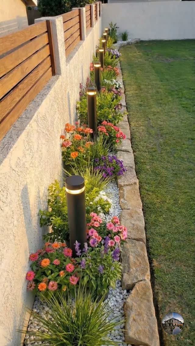 18 Small Backyard Garden Ideas for Compact Outdoor Style 5 Natural stones line a narrow garden bed filled with colorful flowers and small black lights.