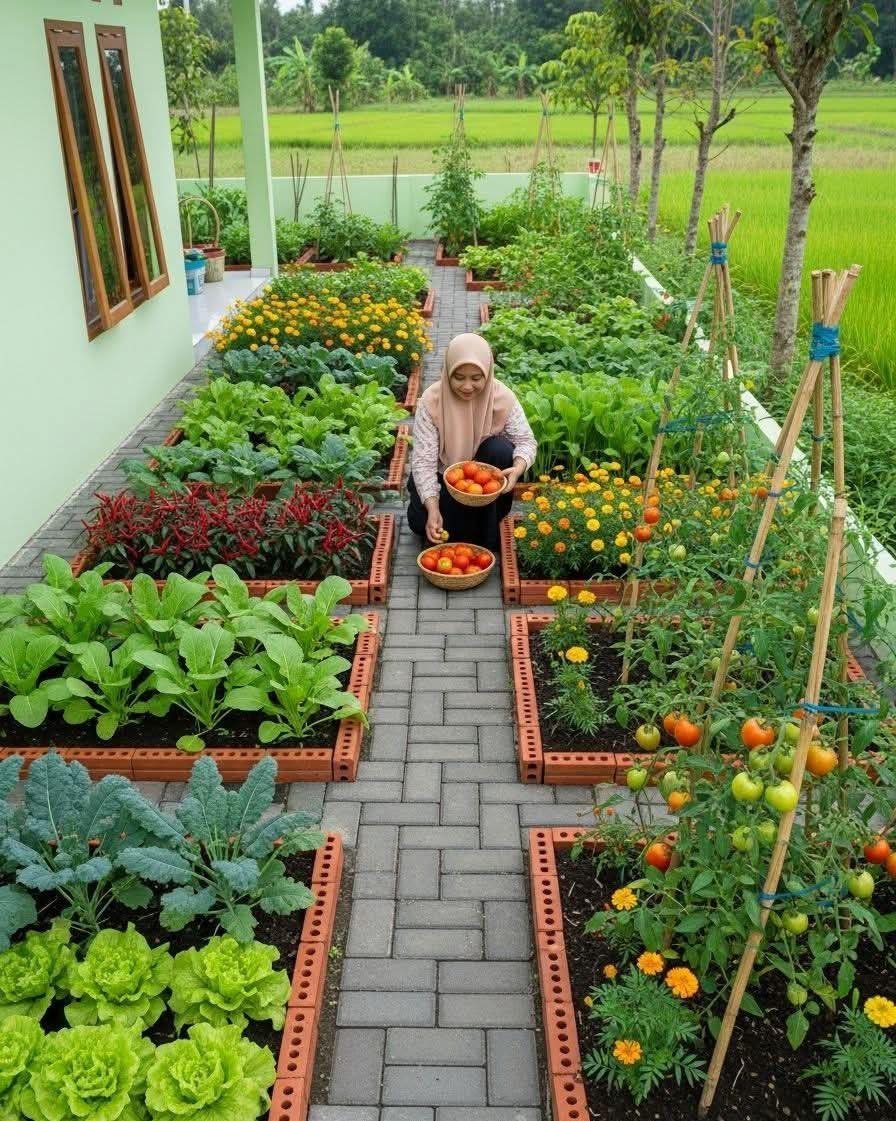 18 Small Backyard Garden Ideas for Compact Outdoor Style 15 A woman holds harvested tomatoes in a narrow garden with various vegetable and flower beds.