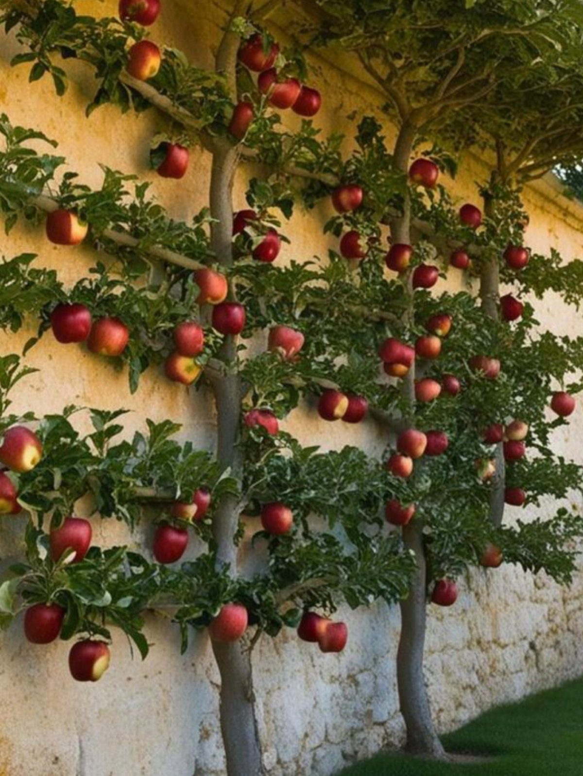 18 Small Backyard Garden Ideas for Compact Outdoor Style 16 Trained apple trees with many ripe red fruits growing against a stone wall.