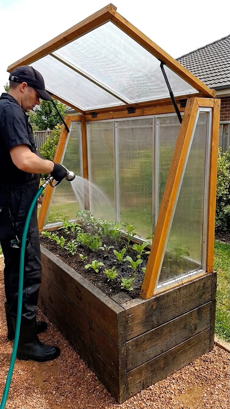 18 Small Backyard Garden Ideas for Compact Outdoor Style 1 A person watering small green plants inside a wooden raised bed greenhouse structure.