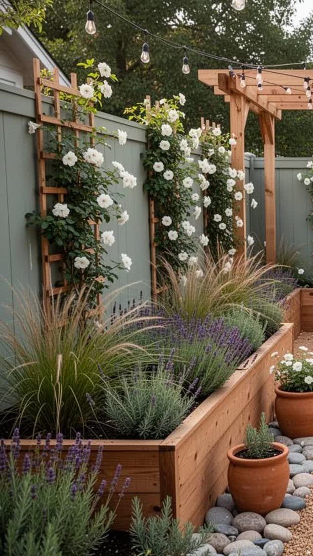 18 Small Backyard Garden Ideas for Compact Outdoor Style 17 White roses climbing wooden trellises in a backyard garden with raised wooden beds.