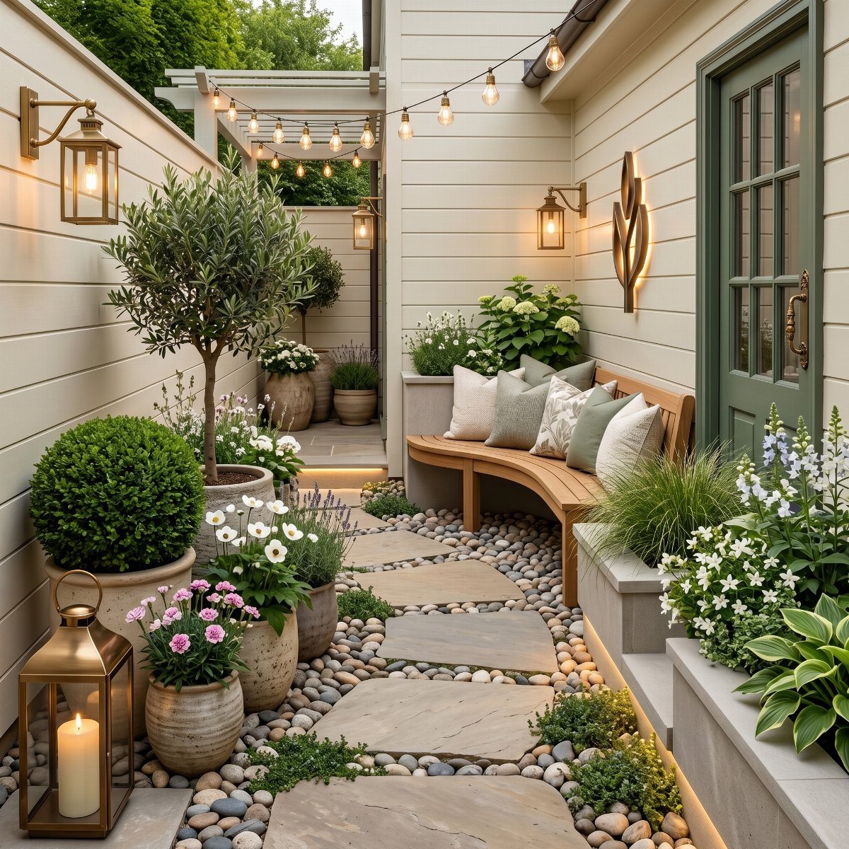 18 Small Backyard Garden Ideas for Compact Outdoor Style 13 Light-colored stone pavers embedded in river pebbles within a lush, small courtyard garden setting.
