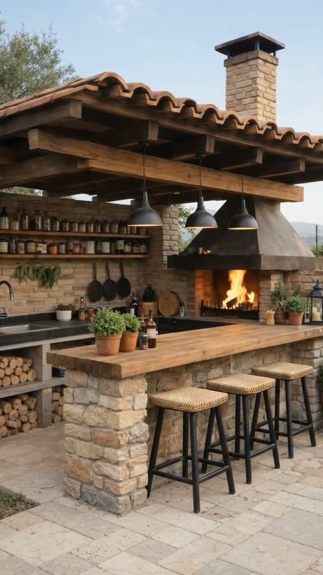 Rustic outdoor kitchen with a stone fireplace, wooden countertop, and three bar stools under a pergola.