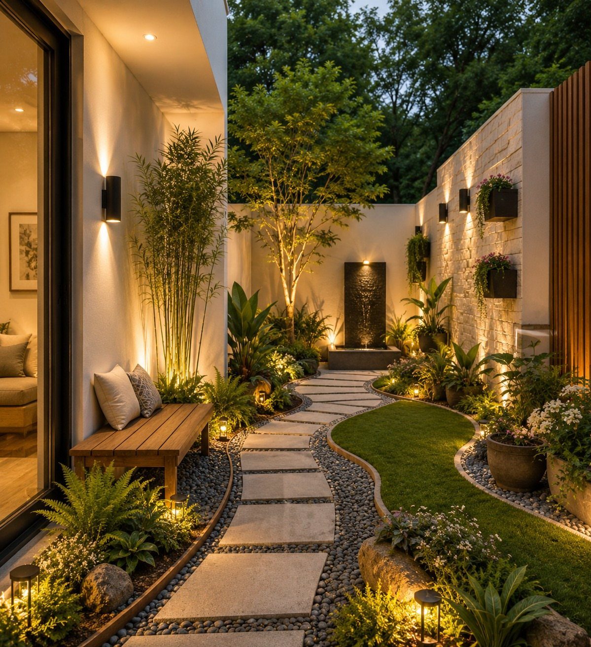Large rectangular concrete pavers form a winding path through a lush, landscaped small backyard garden.