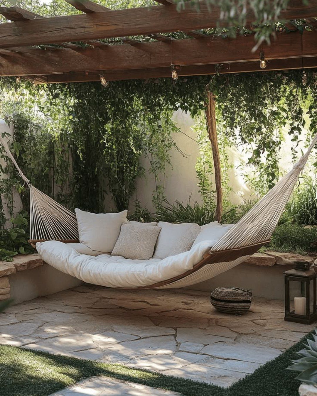 A white rope hammock with soft pillows hanging under a wooden pergola covered in green vines.