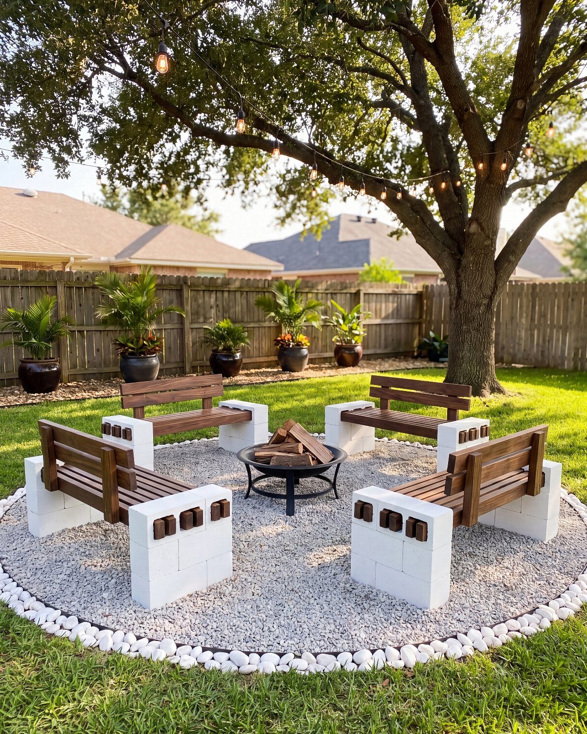 Wooden benches with cinder block bases arranged around a central metal fire pit on gravel.