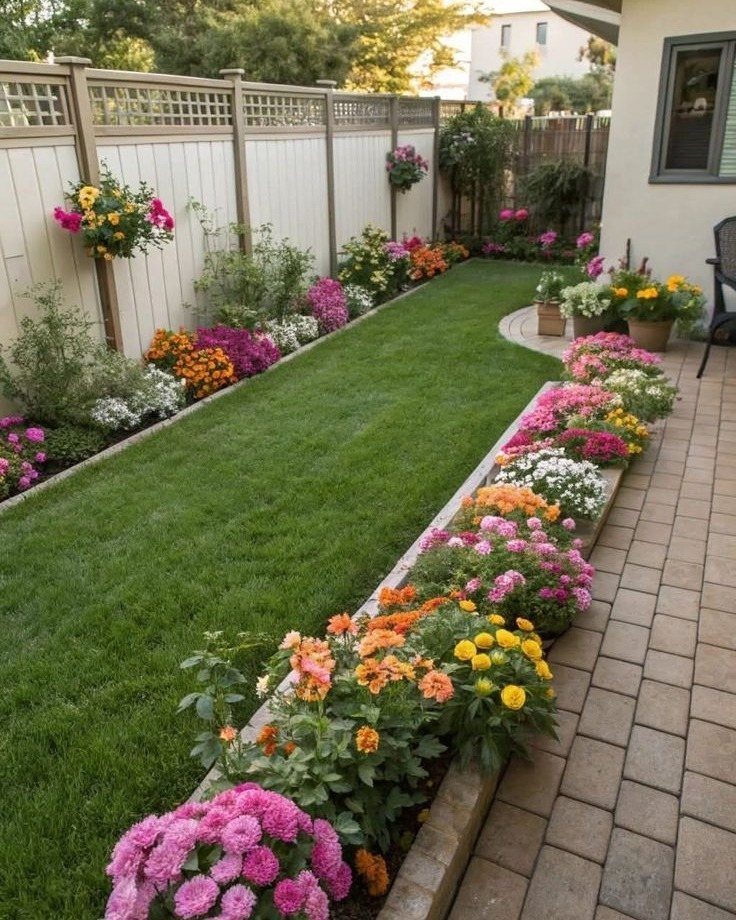 Colorful flower beds border a narrow green lawn strip next to a stone paver walkway.