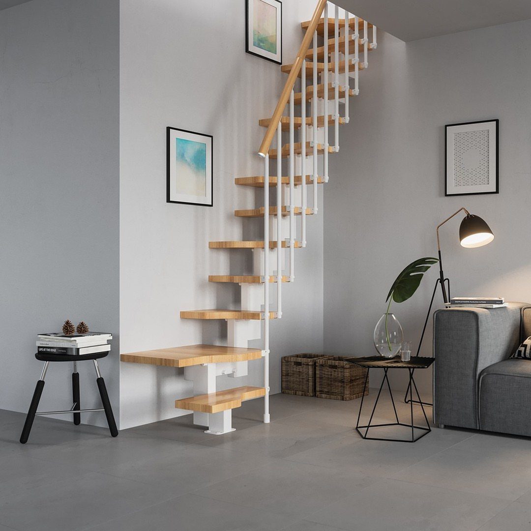 Minimalist white metal staircase with light wood treads ascending against a grey wall in a modern room.