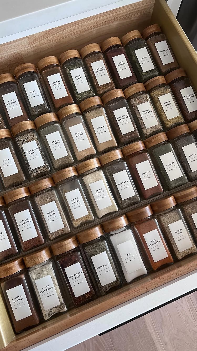 Glass spice jars with wooden lids organized neatly inside a wooden kitchen drawer.