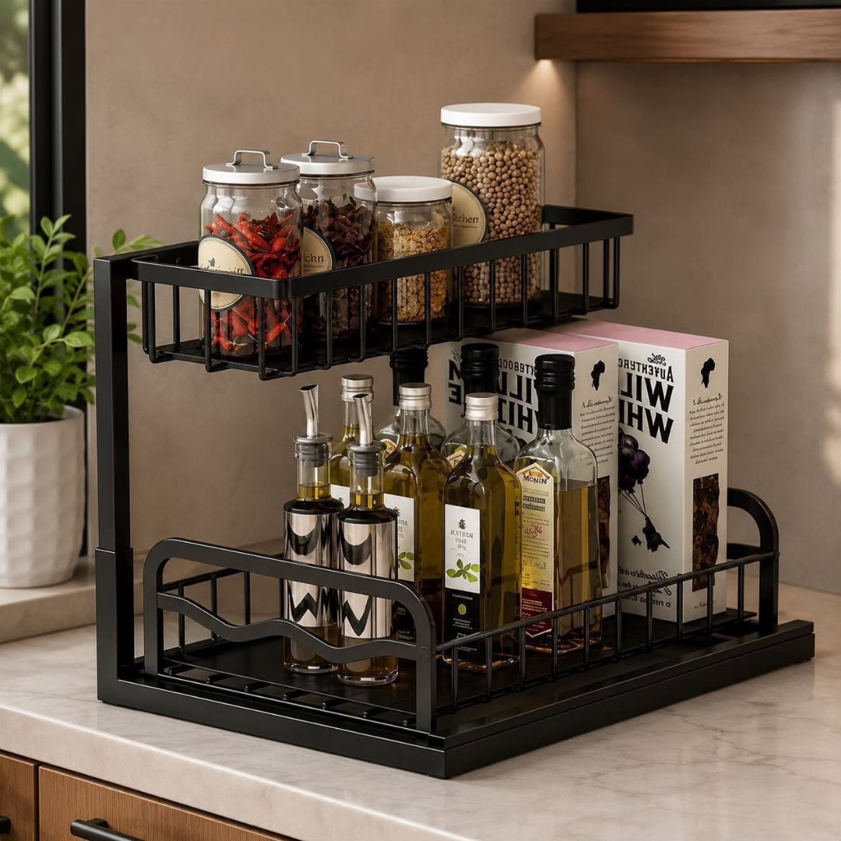 Black two-tiered metal wire organizer holding glass spice jars and oil bottles on a marble countertop.