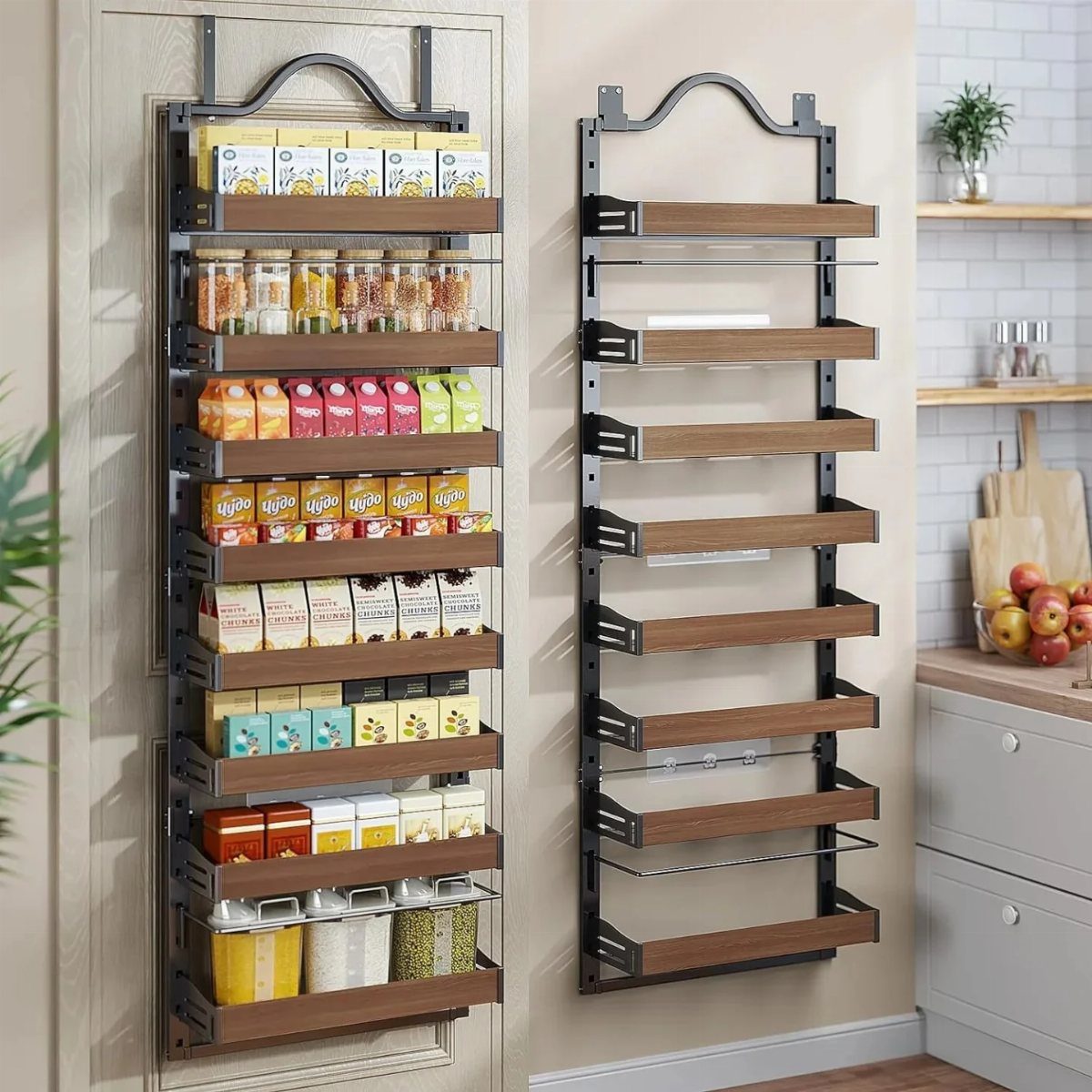 Two black metal over-the-door spice racks with wooden shelves, one filled with spices and one empty.