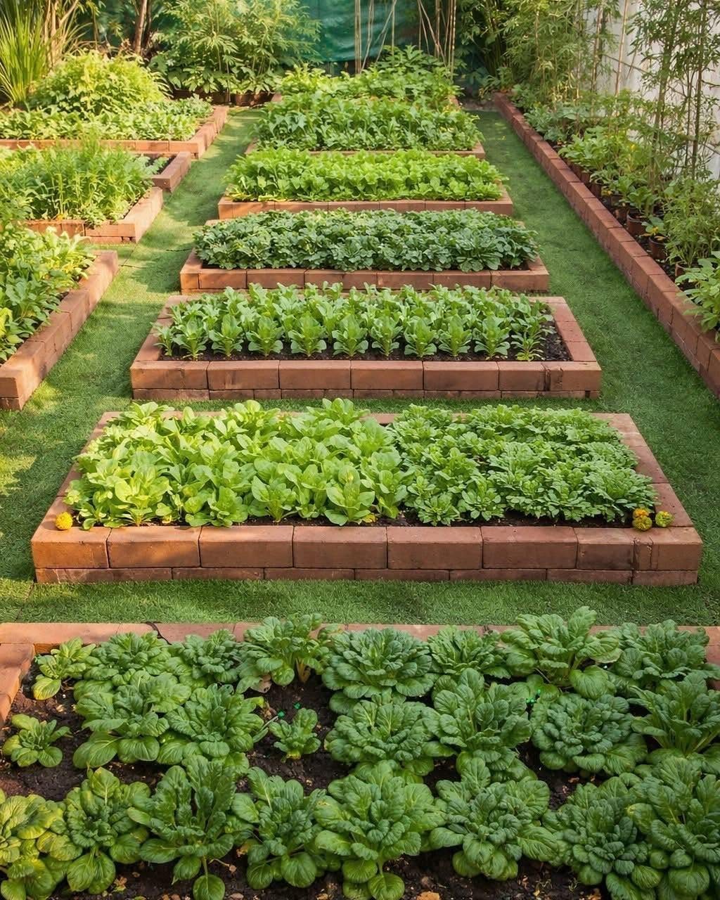 Veg Garden Design: 6 Layout Ideas for Any Space 5 Rectangular brick raised garden beds filled with green vegetables separated by grassy walkways.